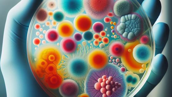 Petri dish held by gloved hand.